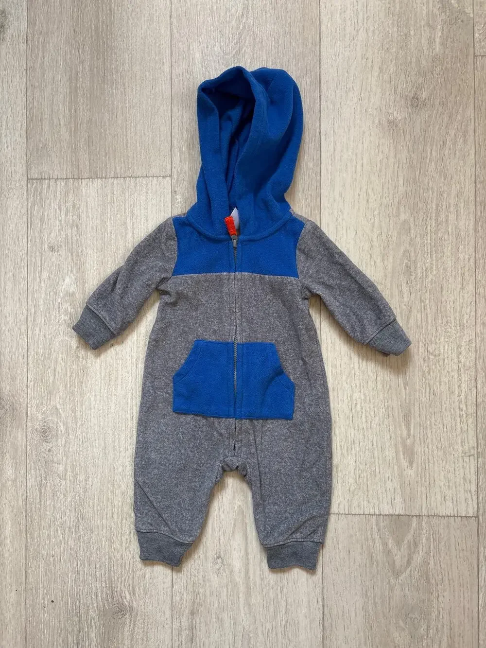Carter’s Grey & Blue Fuzzy Hooded One Piece, Size 3M